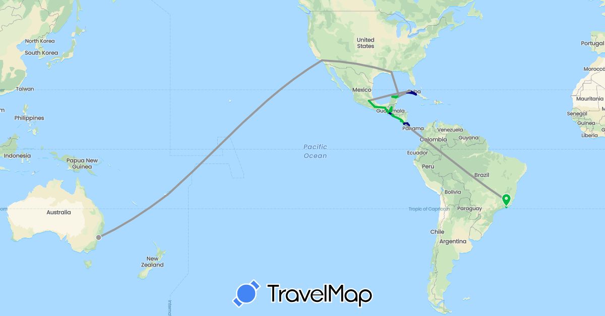TravelMap itinerary: driving, bus, plane in Australia, Brazil, Costa Rica, Cuba, Fiji, Guatemala, Mexico, Nicaragua, El Salvador, United States (North America, Oceania, South America)